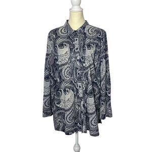 Talbots 100% Cotton Navy Blue Paisley Button Up Tunic Blouse Women's Size XL